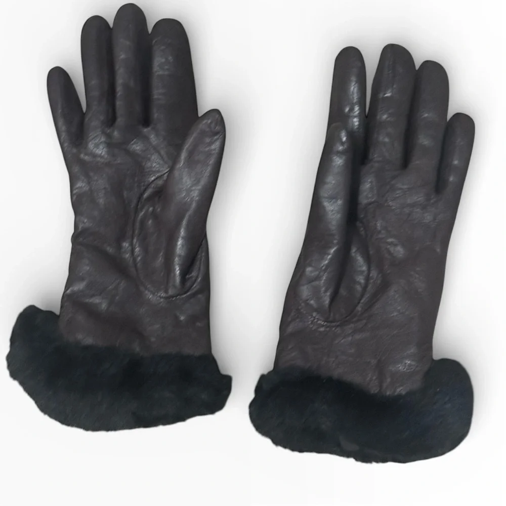 Vintage Leather Gloves Brown with Black Faux Fur Warm Winter Snow Trip Size M